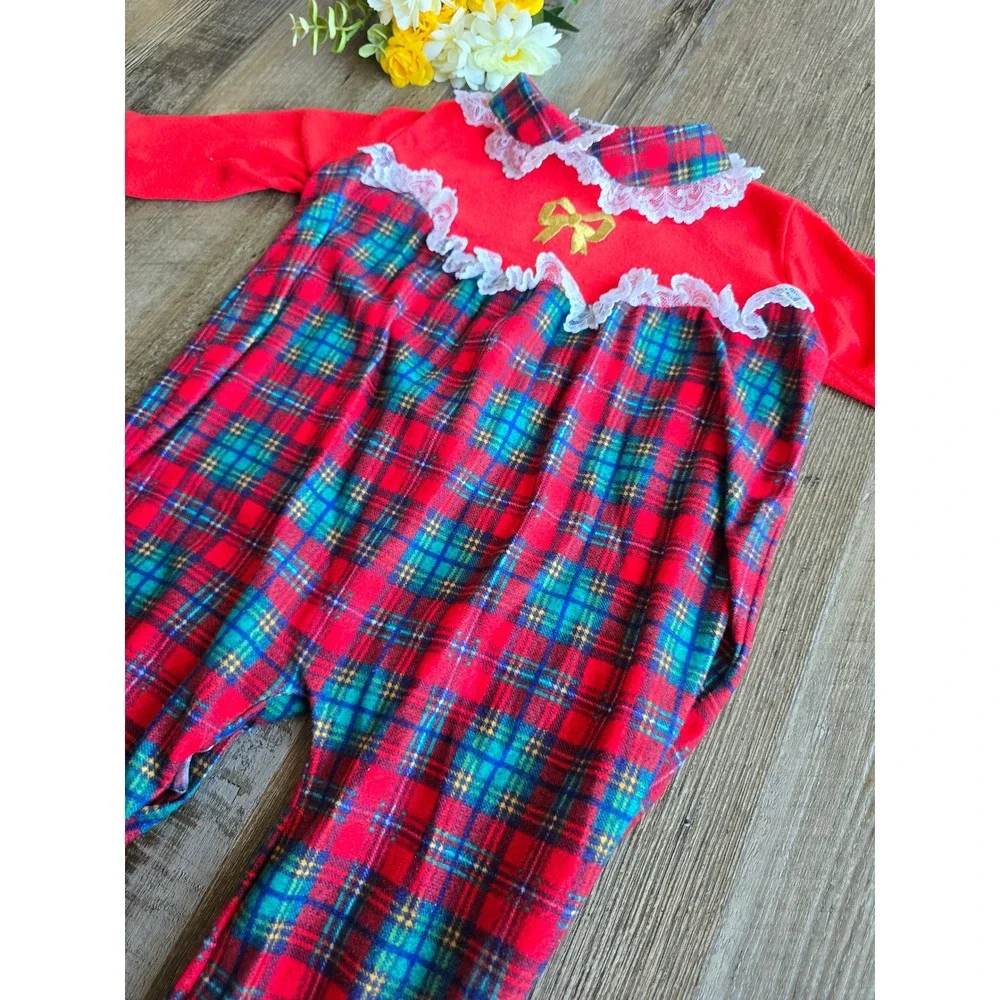 Vintage 80s Playskool Red Plaid Christmas Romper Sleepwear Size Large 6-12m Lace